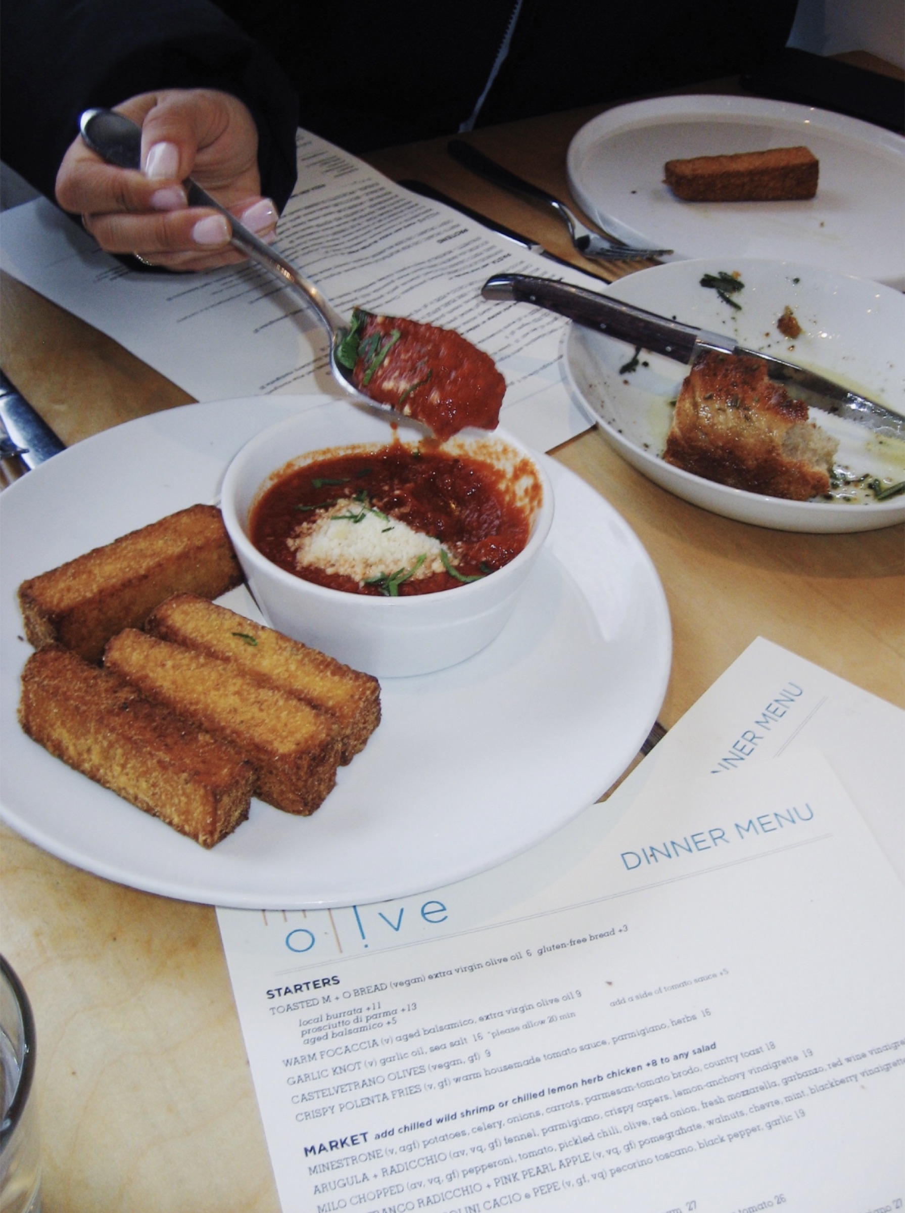 Crispy polenta fries with marinara, restaurant food photography