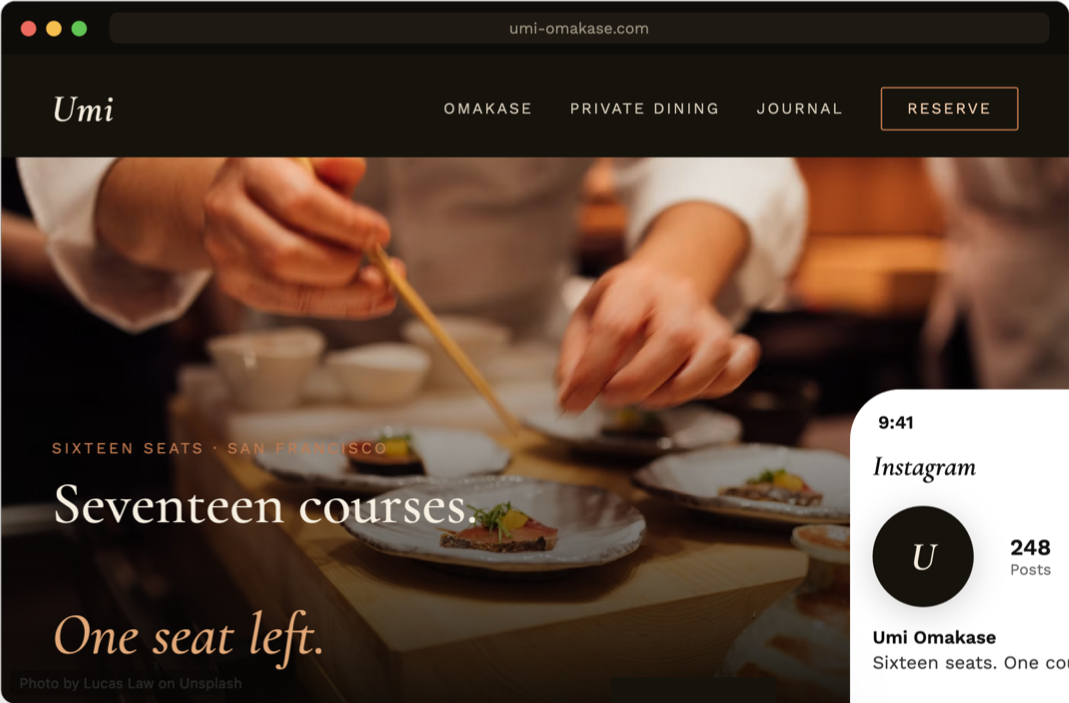Example restaurant website we design — dark, editorial, reservation-focused
