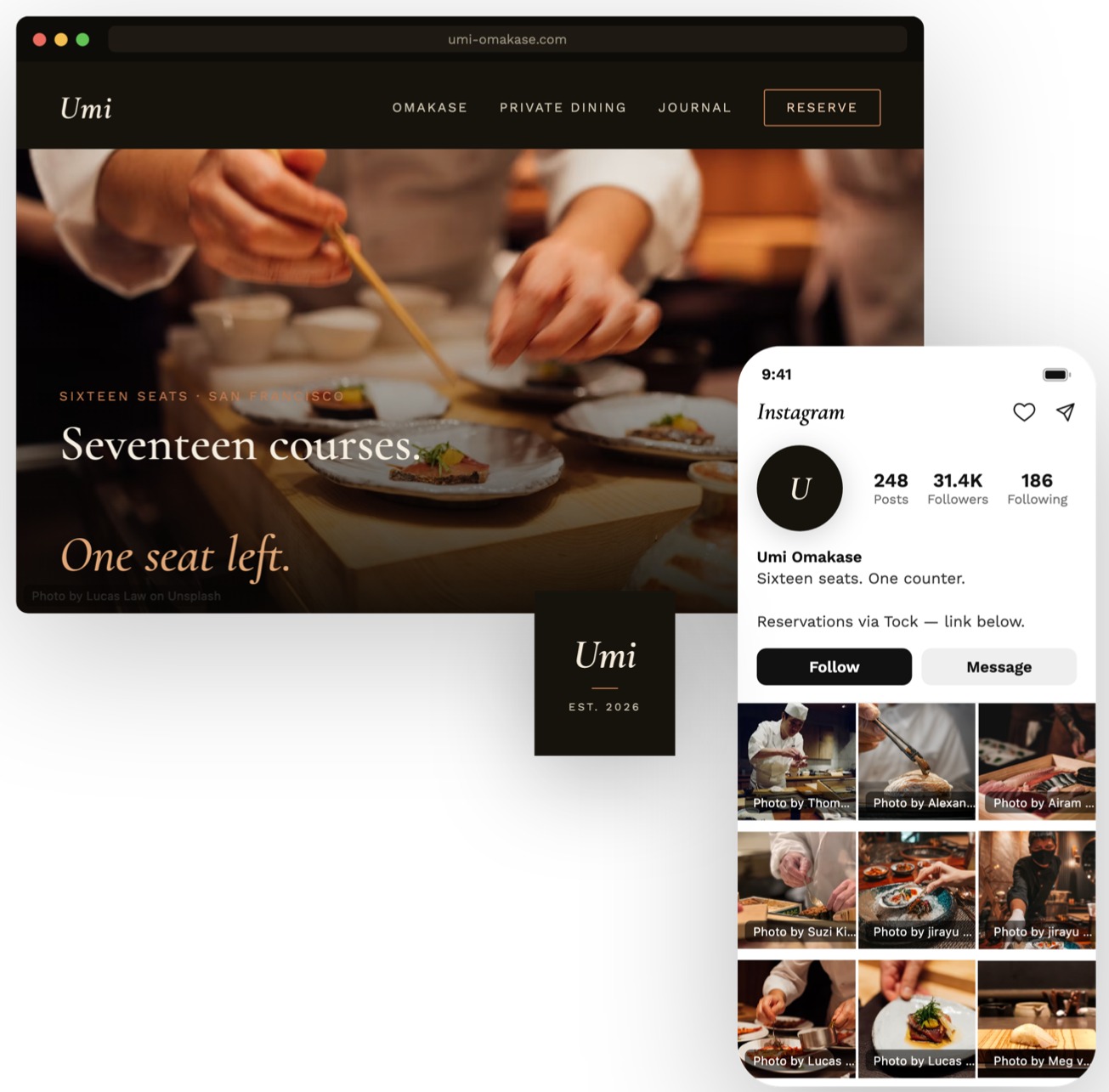 Example restaurant website and Instagram we design