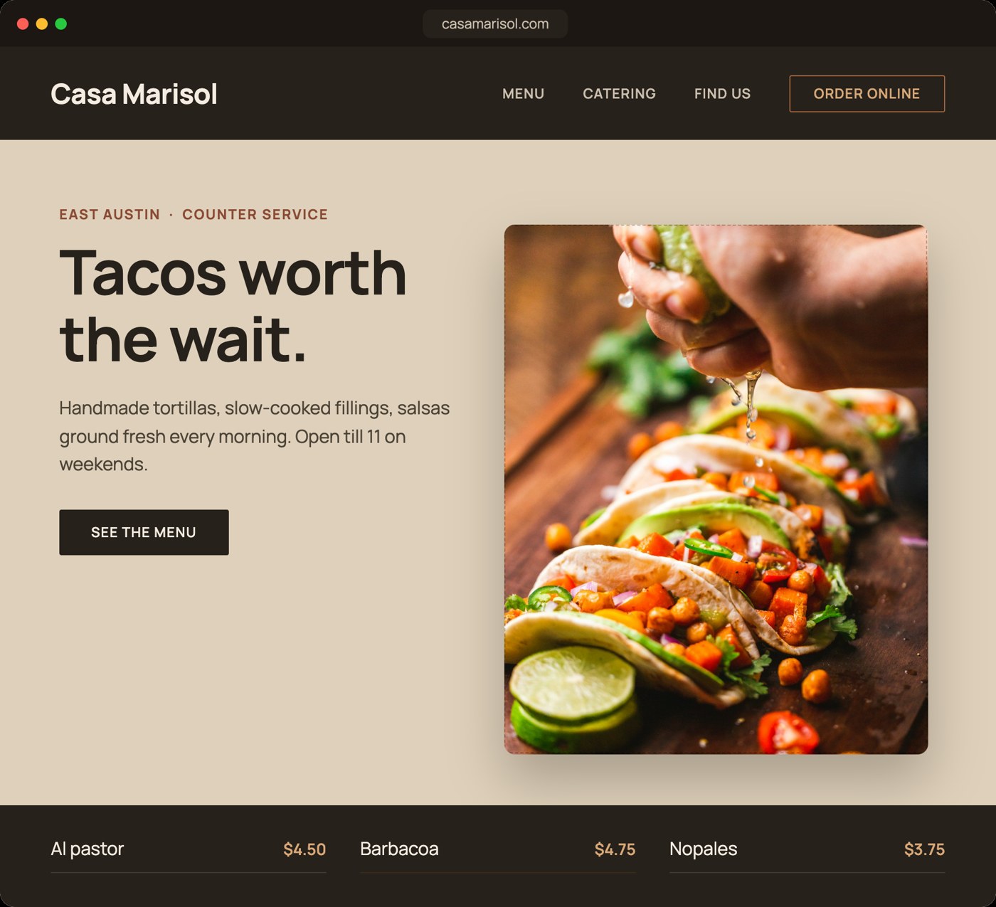 Casa Marisol restaurant website mockup