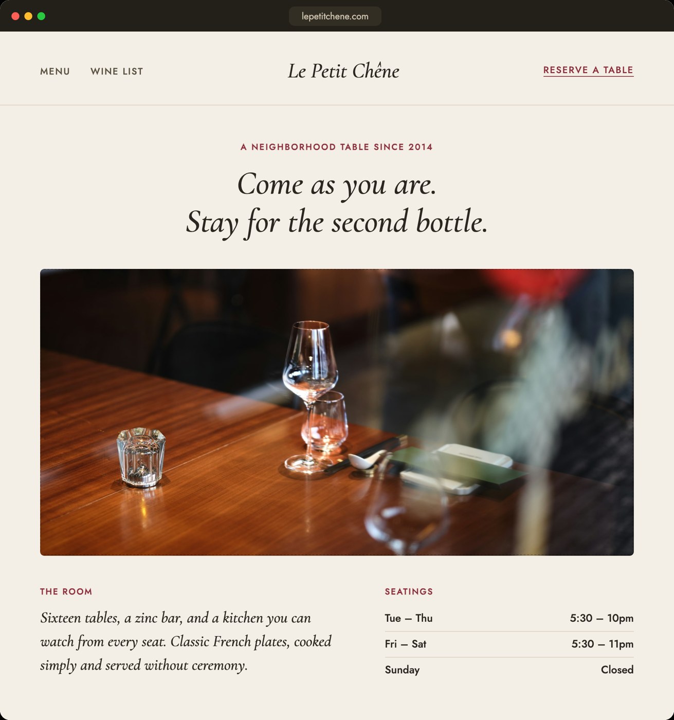 Le Petit Chêne restaurant website mockup